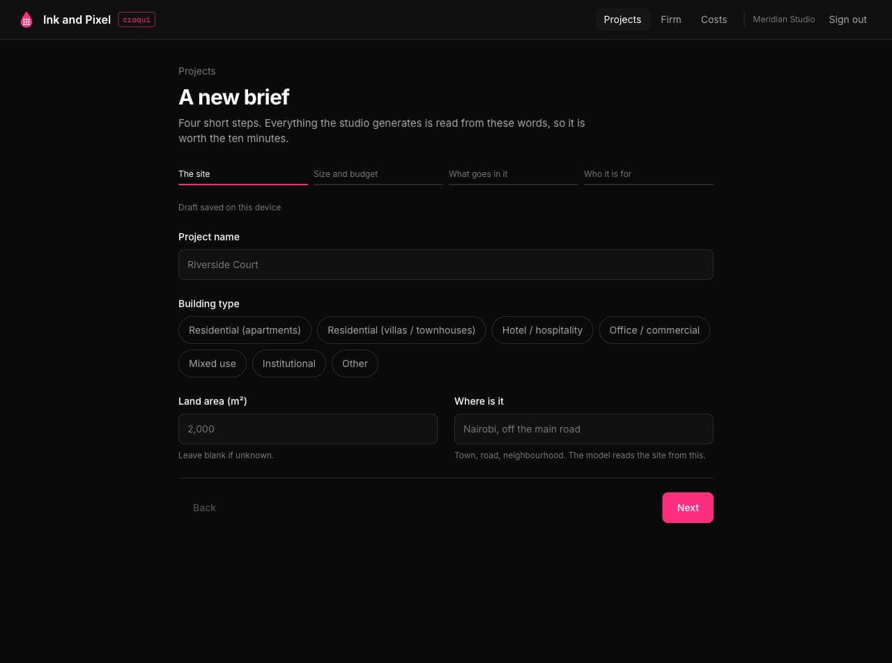 The brief wizard, first step: project name, building type, land area and location