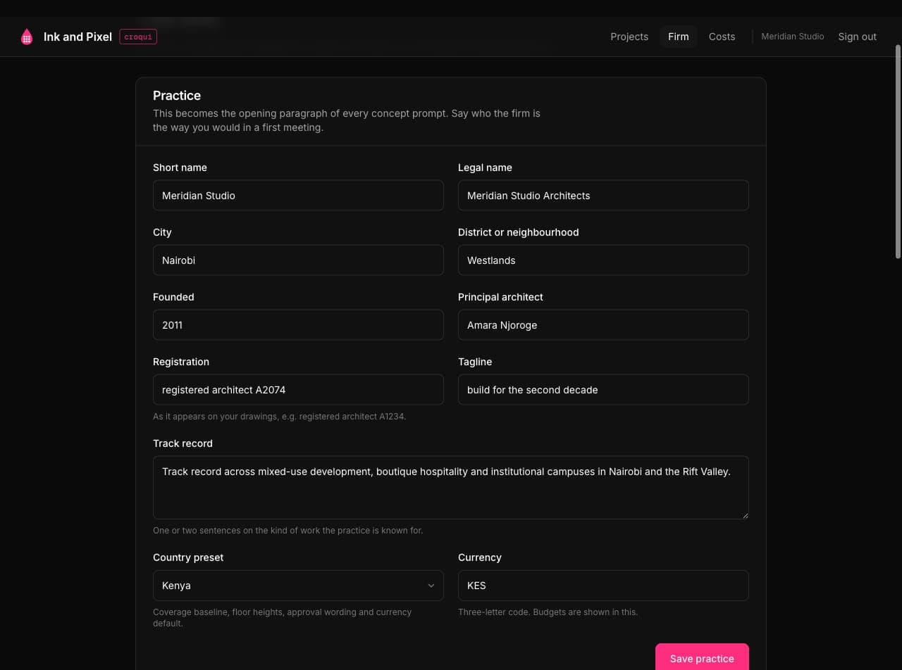 The firm settings page: practice, past work, drawing notes and letterhead
